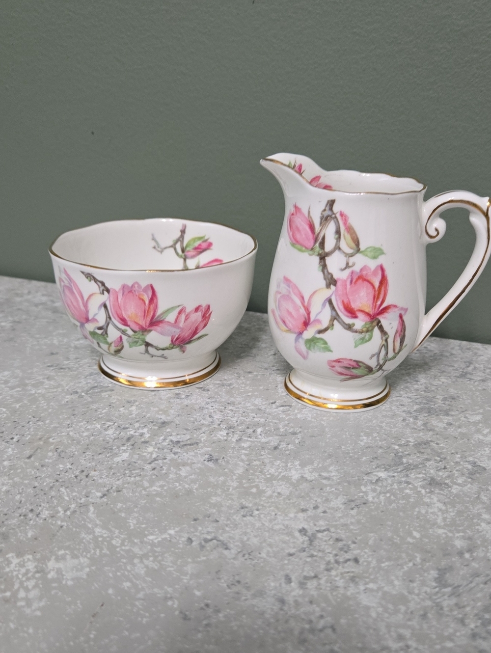 Roslyn Pink Magnolia Porcelain Creamer and Sugar Bowl